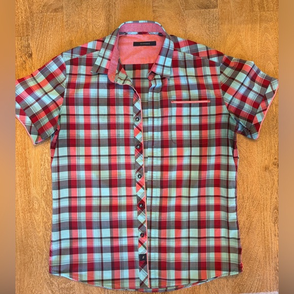 7 Diamonds Plaid Button Up in Teal and Red - Picture 2 of 7